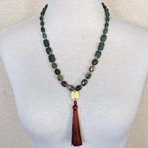 Southwestern Hunter Green & Brown Turquoise & Jade Silk Long Statement Necklace